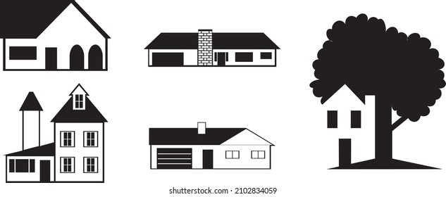 House Icon Collection Set Urban Construction Black and White Vector Isolated
