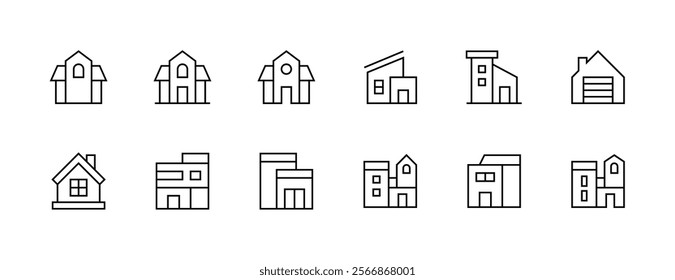 House icon collection. Townhouse, habitation, cottage, house exterior, premises, real estate and more. Editable stroke. Pixel Perfect. Grid base 32px.