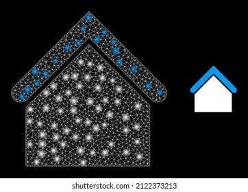 House icon and constellation mesh net house structure with illuminated light spots. Illuminated constellation created from house vector icon and polygonal mesh. Glossy frame house,