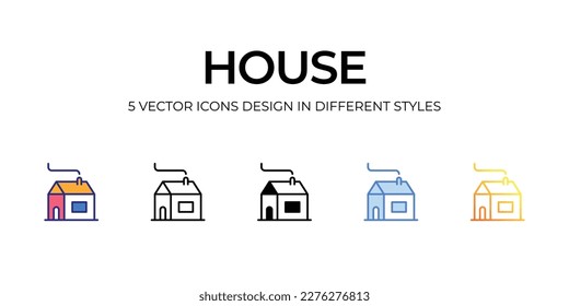 Haus Icon Design in Fünf-Stil mit Editable Stroke. Linie, feste, flache Linie, Duo Tone Farbe und Farbverlauf Linie. Geeignet für Webpage, Mobile App, UI, UX und GUI Design.