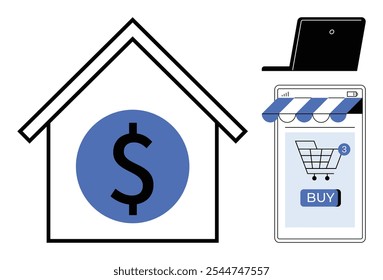 House icon with dollar sign, laptop and smartphone with shopping cart. Ideal for online shopping, e-commerce, digital marketing, financial transactions, and technology solutions. Minimalistic vector