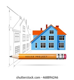 House icon and drawing with a pencil. Vector infographics for real estate and construction