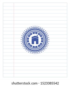 house icon emblem with pen effect. Blue ink. Vector Illustration. Detailed.