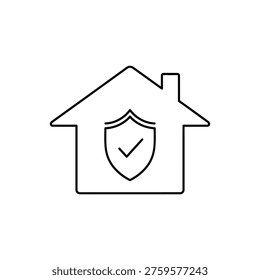 A house icon featuring a shield with a checkmark symbol inside it prominently