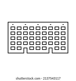 House icon. Five-story building. Black contour linear silhouette. Front view. Facade. Vector simple flat graphic illustration. Isolated object on a white background. Isolate.