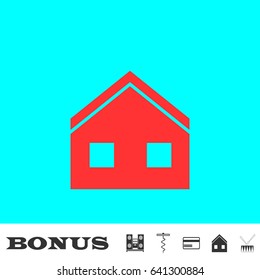 House icon flat. Red pictogram on blue background. Vector illustration symbol and bonus buttons Music center, corkscrew, credit card, house, drum