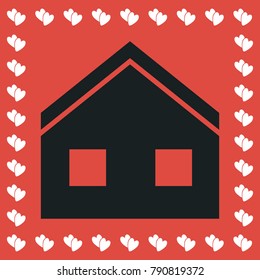 House icon flat. Simple black pictogram on red background with white hearts for valentines day. Vector illustration symbol
