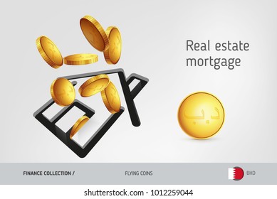 House icon with flying Bahraini Dinar coins, finance concept. Vector illustration for print, websites, web design, mobile app, infographics.