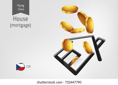 House icon with flying Czech Koruna coins, finance concept. Vector illustration for print, websites, web design, mobile app, infographics.
