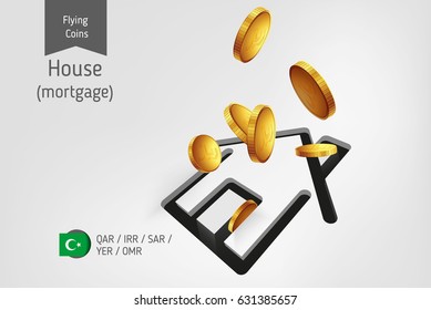 House icon with flying islamic rial coins, finance concept.