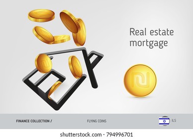 House icon with flying Israeli New Shekel coins, finance concept. Vector illustration for print, websites, web design, mobile app, infographics.
