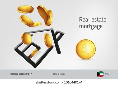 House icon with flying Kuwaiti Dinar coins, finance concept. Vector illustration for print, websites, web design, mobile app, infographics.
