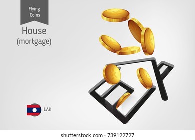 House icon with flying Laos Kip coins, finance concept. Vector illustration for print, websites, web design, mobile app, infographics.