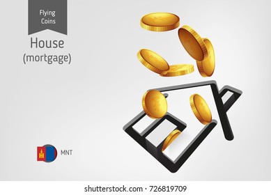 House icon with flying Mongolian Tughrik coins, finance concept. Vector illustration for print, websites, web design, mobile app, infographics.