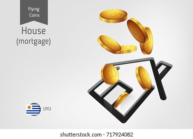 House icon with flying Uruguayan Peso coins, finance concept. Vector illustration for print, websites, web design, mobile app, infographics.