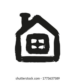 Haussymbol. Vorderseite. Schwarze Kontur-Silhouette. Handgezeichnete Vektorgrafik-Flachgrafik. Einziger Gegenstand auf weißem Hintergrund. Isolieren.