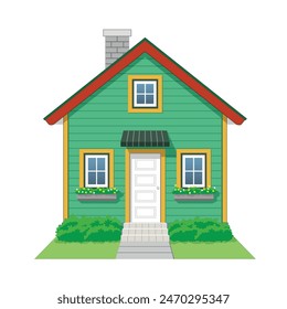 House Icon front view in color jungle green, sacramento green, amber yellow, maroon and white, vector illustration isolated on white background, eps