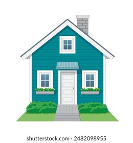 House Icon front view in color deep ocean blue and white, vector illustration isolated on white background, eps