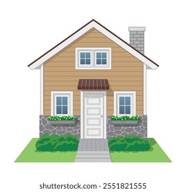 Casa Ícone vista frontal com pedra e parede de madeira em cor de madeira natural e branco, ilustração vetorial isolado no fundo branco, eps