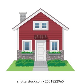 House Icon front view with stone and wooden wall in color dark red and white, vector illustration isolated on white background, eps