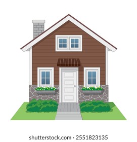 Casa Ícone vista frontal com pedra e parede de madeira em cor marrom e branco, ilustração vetorial isolado no fundo branco, eps
