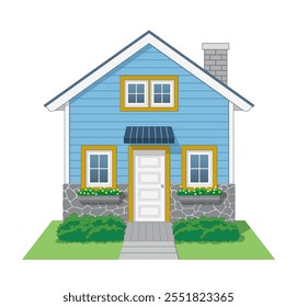 House Icon front view with stone and wooden wall in color arctic blue, golden yellow and white, vector illustration isolated on white background, eps