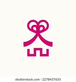 Icono de la casa con un arco de regalo en el techo logotipo de la casa de regalo color rosa