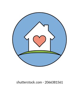 house icon with a heart inside in a round frame, black outline, elements highlighted in color, isolated on a white background, vector illustration