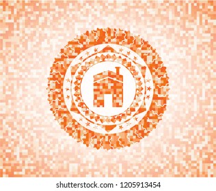 house icon inside abstract emblem, orange mosaic background