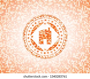 house icon inside abstract emblem, orange mosaic background