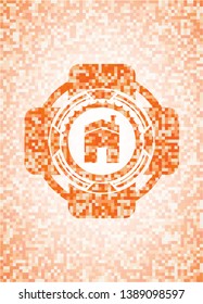 house icon inside abstract emblem, orange mosaic background