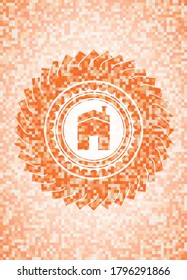icono de la casa dentro del emblema abstracto, fondo de mosaico naranja. 