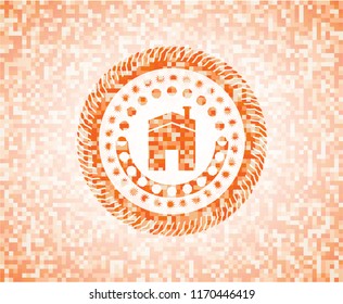house icon inside abstract orange mosaic emblem
