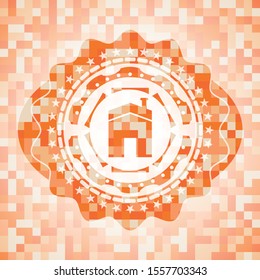 house icon inside abstract orange mosaic emblem