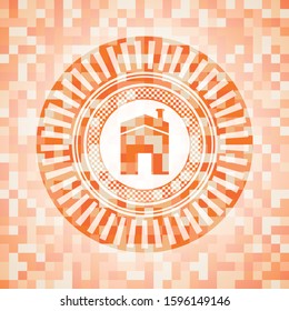 house icon inside abstract orange mosaic emblem