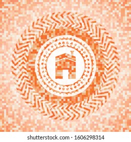 house icon inside abstract orange mosaic emblem with background