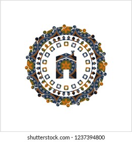 house icon inside arabesque badge background. arabic decoration.