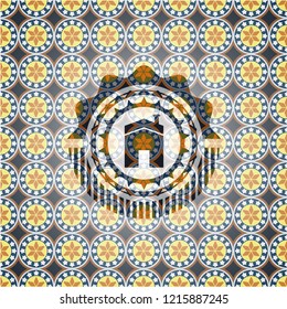 house icon inside arabesque emblem. arabic decoration.