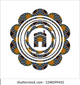 house icon inside arabesque style badge. arabic decoration.
