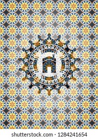 house icon inside arabic badge background. Arabesque decoration.