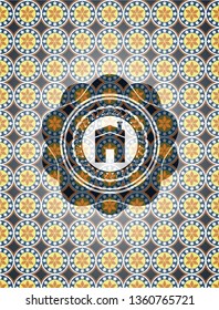 house icon inside arabic badge background. Arabesque decoration.