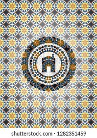 house icon inside arabic emblem background. Arabesque decoration.