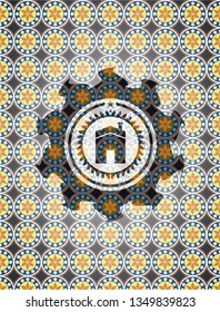 house icon inside arabic style emblem. Arabesque decoration.