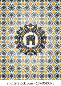 house icon inside arabic style badge. Arabesque decoration.