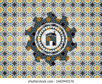 house icon inside arabic style emblem. Arabesque decoration.
