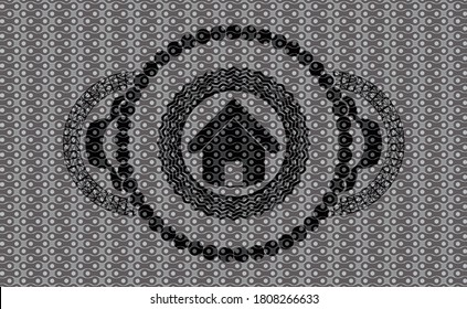 house icon inside black abstract emblem. Pattern classic background. Artistic illustration. 