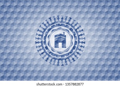 house icon inside blue badge with geometric pattern background.