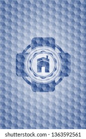 house icon inside blue badge with geometric background.
