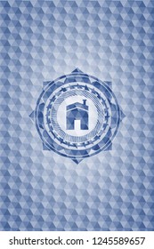 house icon inside blue emblem with geometric pattern background.