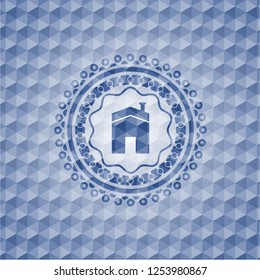 house icon inside blue emblem or badge with geometric pattern background.